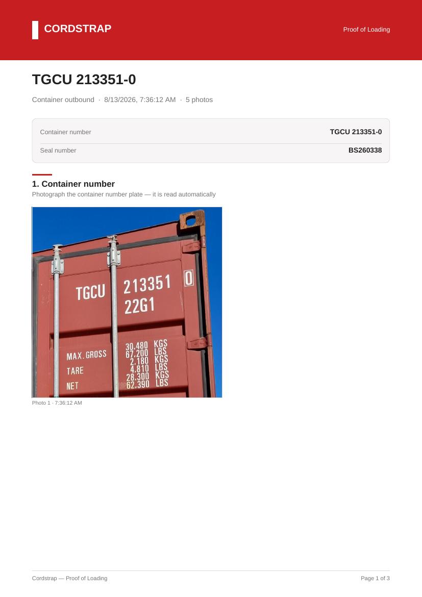 Example PDF loading report with the Cordstrap header, container and seal numbers and labelled photo steps