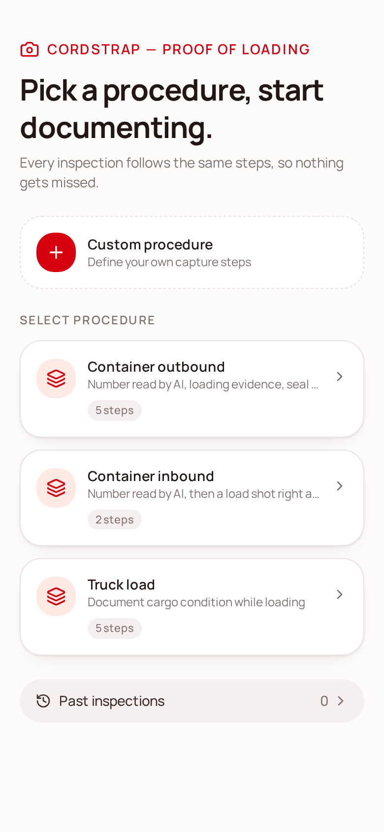 Procedure list on the Proof of Loading app