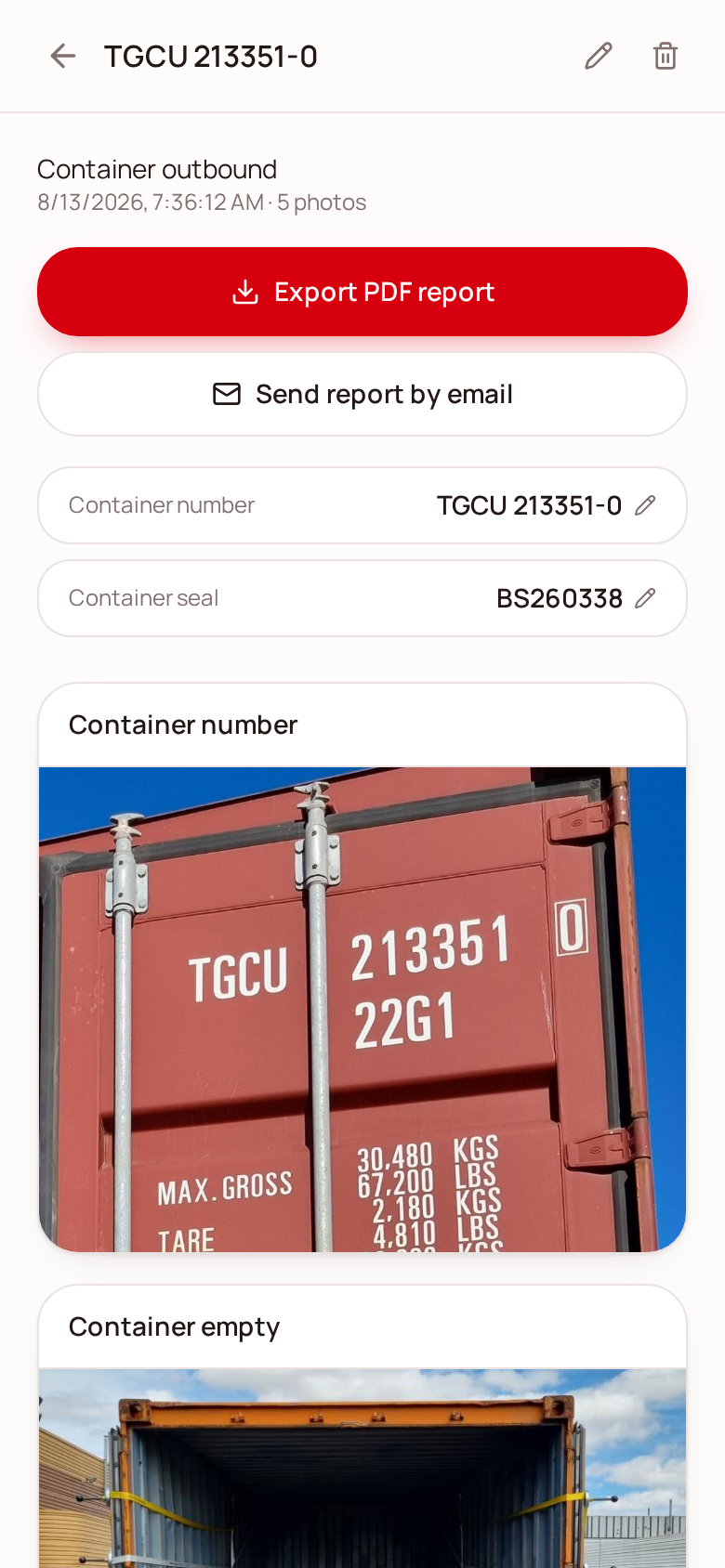 Finished inspection with export and email actions